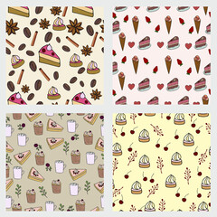 Collection of food hand drawn seamless vector patterns, cakes, cupcakes, ice cream, sweets, spices