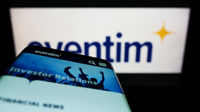 Stuttgart, Germany - 05-21-2022: Mobile phone with webpage of German ticketing company CTS Eventim AG Co. KGaA on screen in front of logo. Focus on top-left of phone display.