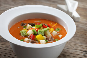 Lamb Goulash Soup in a white bowl