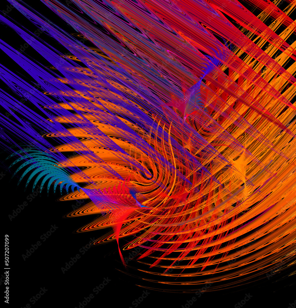 Poster blue and orange, zigzag and wavy lines create an interesting pattern on a black background. abstract