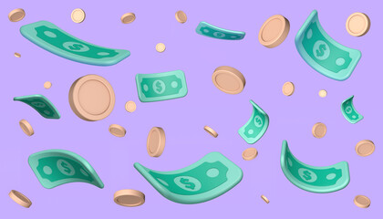 Flying banknotes and coins on purple background. 3d render money illustration.