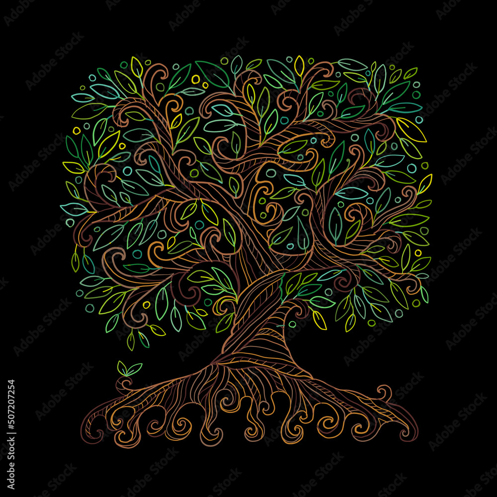 Aufkleber old big family tree with roots. isolated on black background. concept art for your design. design in