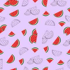 Watermelon slices seamless pattern on lilac background