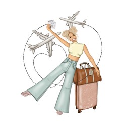 Blonde Girl With Suitcases Isolated On A White Background Hand Drawn Illustration	