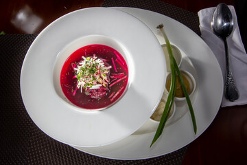 Cold borscht - speciality for hot days. Vegetable cold soup with beetroots. Shallow depth of field, selective focus