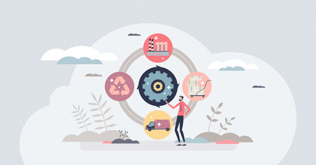 Circular economy as manufacturing process strategy type tiny person concept. Nature friendly and sustainable business resources cycle with recycling and reuse product approach vector illustration. - obrazy, fototapety, plakaty