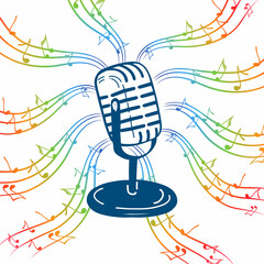 Obraz premium Microphone in doodle style. Multicolored notes vector cartoon illustration on white isolated background. Karaoke. Audio equipment concept with the effect of bright rainbow melody.