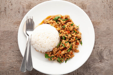 Thai basil minced pork. Rice topped with Thai basil minced pork, Thai food.