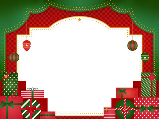 クリスマス向け　山積みのプレゼント　フレーム素材／赤×緑（横向き）