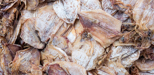 top view of Dried squid for sale at market