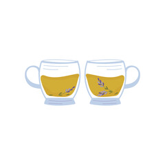 lavender tea. Glass transparent cups with herbal drink. Isolated image. Vector illustration
