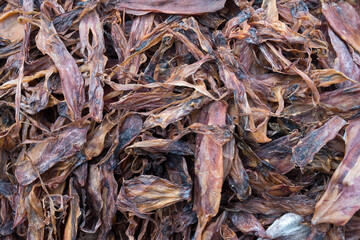 top view of Dried squid for sale at market