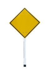 A yellow square sign on a white cement pillar isolated on white background,Clipping path
