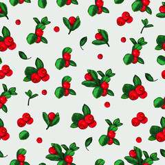 Red bilberry seamless pattern, branch with leaves, red berries. Lingonberry botany illustration. Organic food