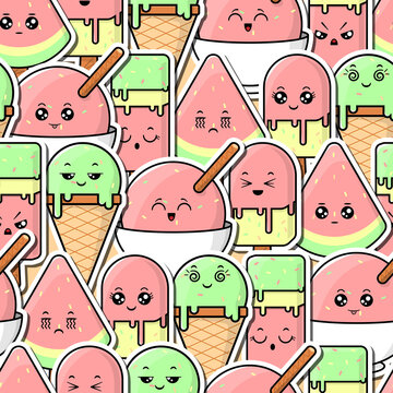 cute kawaii ice cream characters with many expressions seamless pattern, background vector
