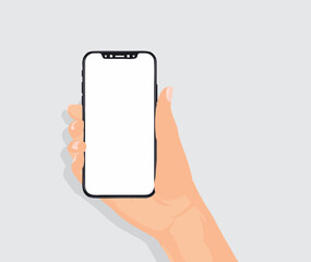 The hand is holding a cell phone with a white screen and white background.

