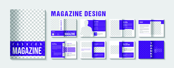 Creative magazine design. Multipurpose brochure template with cover, back and inside pages. Trendy minimalist flat geometric design. A4 format.