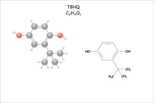 Stylized molecule model/structural formula of TBHQ (tert-butylhydroquinone). Use as food preservative.