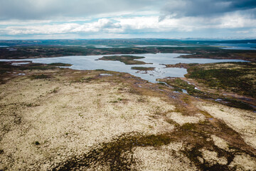 Aerial view of summer arctic landscape. Top view of the tundra. Murmansk region, Russia