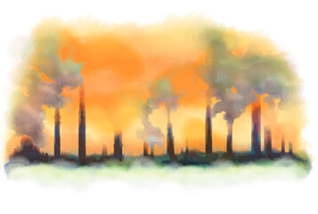 夕日を背景に、煙を出し続ける工場街の煙突（白背景）
