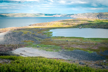 Summer tundra. Rocky coastline of Barents Sea near Teriberka, panoramic aerial view. Scenery of...