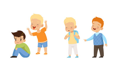 Offensive Boy Bullying and Abusing Sad Agemate Vector Illustration Set