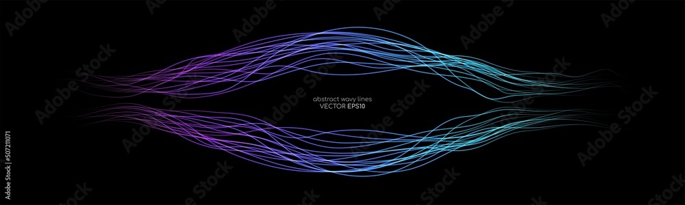 Poster abstract wavy dynamic blue green light lines curve banner with space for text isolated on black back