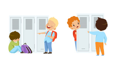 Offensive Boy Bullying and Abusing Sad Agemate Vector Illustration Set