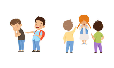 Offensive Boy Bullying and Abusing Sad Agemate Vector Illustration Set