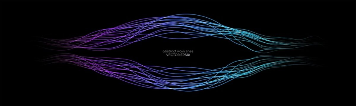 Abstract wavy dynamic blue green light lines curve banner with space for text isolated on black background in concept technology, neural network, neurology, science, music.
