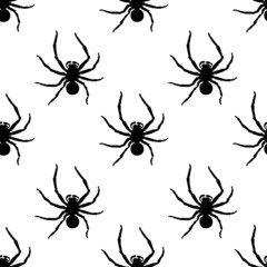 Vector seamless pattern of black silhouettes spiders in flat style. Color background and texture of theme of halloween, insects, animals, phobias