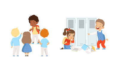Offensive Boy and Girl Bullying and Abusing Sad Agemate Vector Illustration Set
