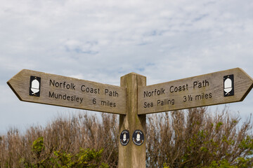 Norfolk Coast Path sign post in Happisburgh, Norrth Norfolk, UK