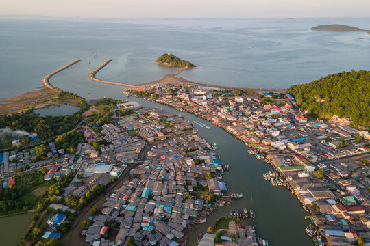 Aerial view of fisherman village and gulf of Thailand at Pak Nam Sichon, the estuary area in Chumphon province, Thailand.