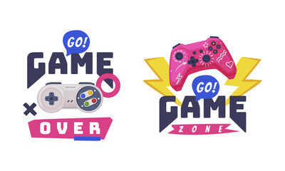 Video Game Zone Sticker with Gamepad as Game Controller and Word Vector Set