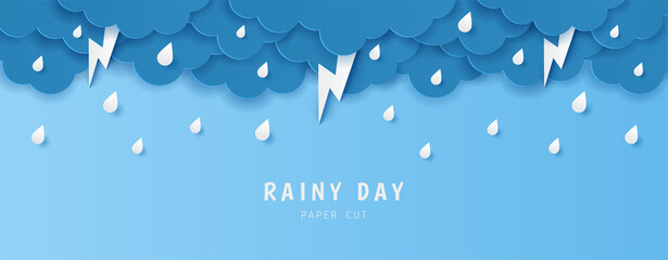 Paper cut of rainy day text with clouds, rain drops and lightning on blue background, copy space. Vector illustration - obrazy, fototapety, plakaty