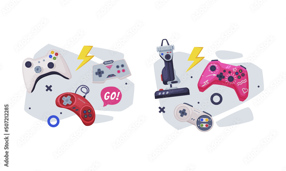 Poster gamepad and game controller as input device for video game console vector composition set