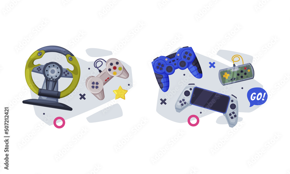Poster gamepad and game controller as input device for video game console vector composition set
