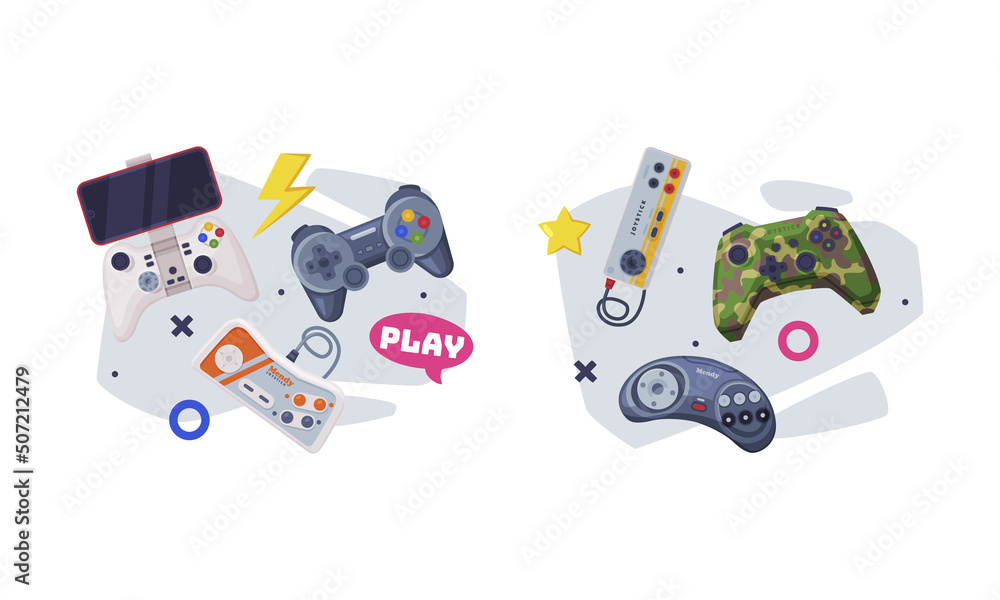 Poster gamepad and game controller as input device for video game console vector composition set