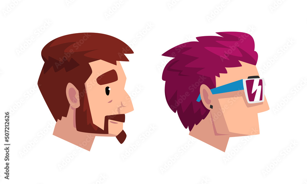 Wall mural Profile Portrait or Head of Male Character with Modern Hipster Hairstyle Vector Set