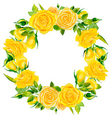Yellow rose wreath. Postcard from watercolor flowers. Template for invitation or greeting card. Delicate wedding design. Hand drawn frame.