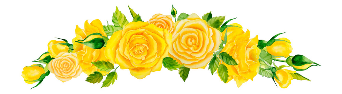  Flower arrangement of yellow roses. Watercolor hand drawn illustration for postcards and prints for clothes. Floral design element. Poster and wall art.