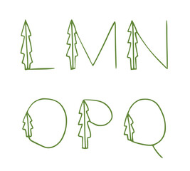 green lettters and numbers with little christmas trees isolated on white background