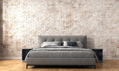 Home and decoration interior, modern loft bedroom design , empty brick wall mock up, 3d render
