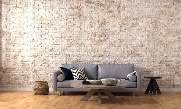 Home and decoration interior, modern living room interior, empty brick wall mock up, 3d render
