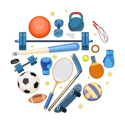 Sports equipment for athletes. Round composition. Set of tools. Symbol, icon. Isolated on white background. Colorful Illustration Vector
