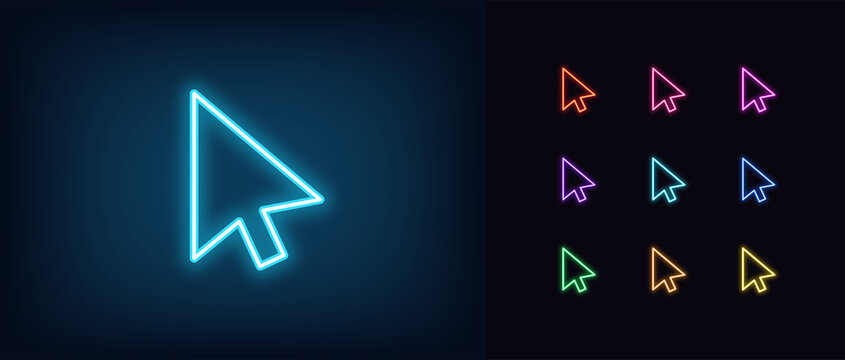 Outline neon mouse cursor icon. Glowing neon computer arrow sign to select and click, interface pointer pictogram. Digital cursor
