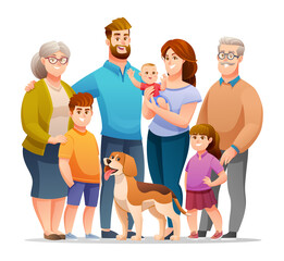 Portrait of big happy family with father, mother, grandfather, grandmother, children and a pet. Family illustration in cartoon style