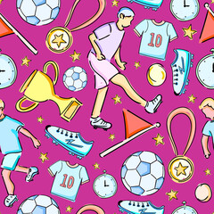 Seamless pattern of football player and football stuff equipment isolated on purple background.