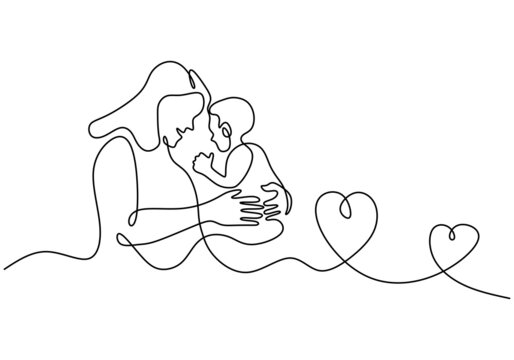 One continuous single line of mother carry her son for mother day isolated on white background.